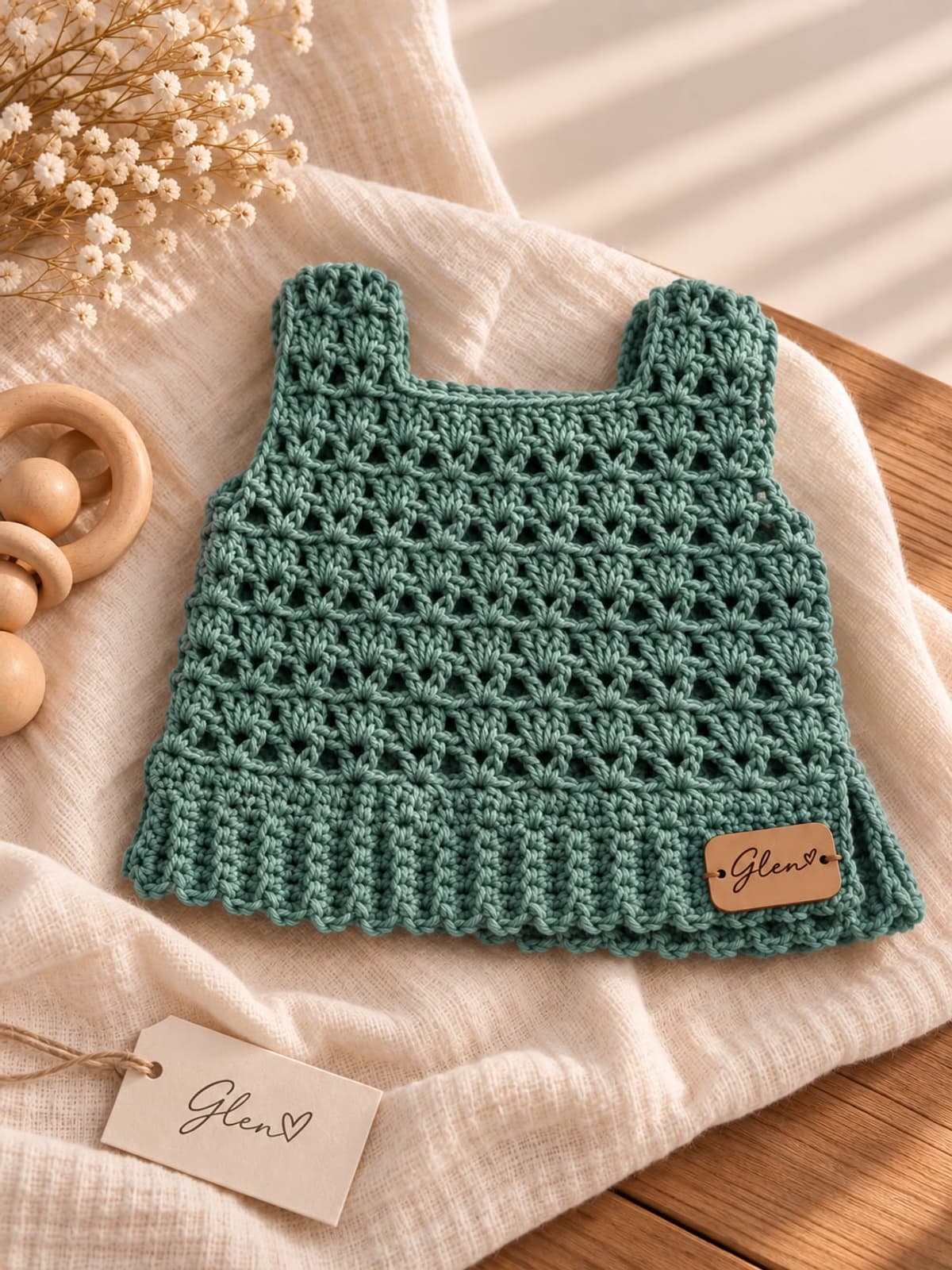 Chaleco de crochet verde eucalipto con etiqueta de cuero Glen sobre una gasa crema