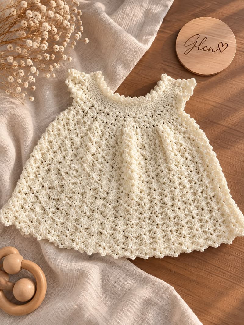 Vestidito de crochet color marfil con mangas con volado sobre una gasa crema